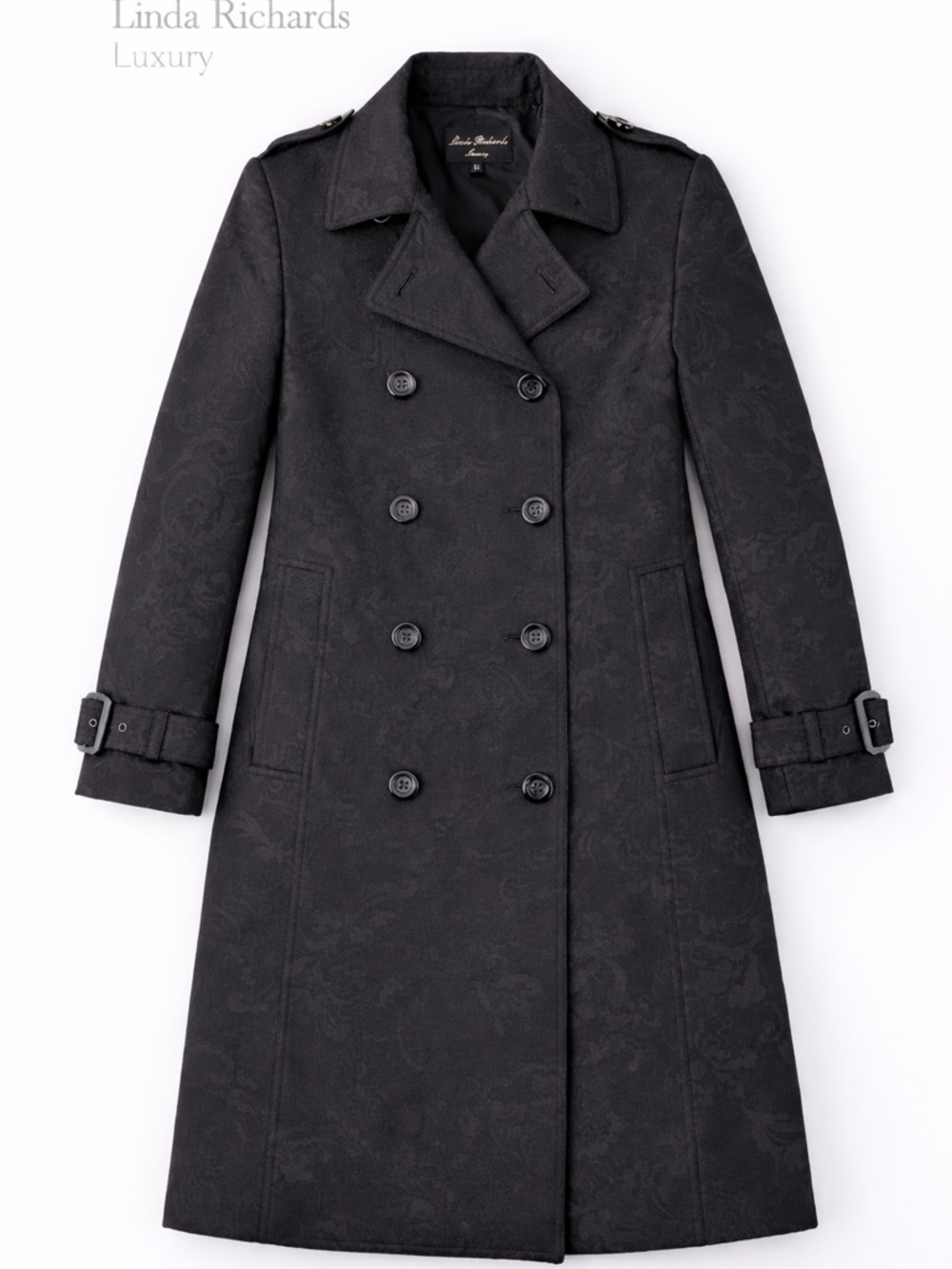 Linda Richards Luxury Double Breasted Gothic Floral Jacquard Trench Coat Belted